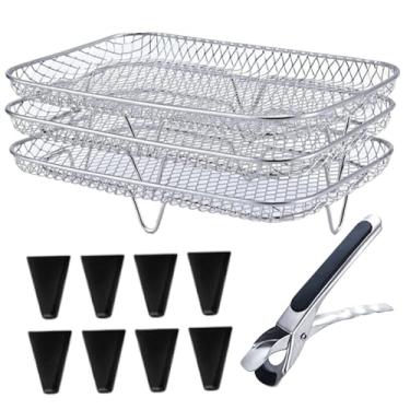 Imagem de Rack para fritadeira de ar de qualidade alimentar, 3 camadas, prateleira empilhável para fritadeira de ar com 8 pés de silicone, 1 pinça e 1 escova para forno, forno de assar, acessórios para fritadei