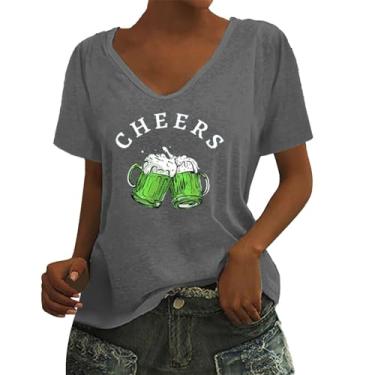 Imagem de Camiseta feminina do dia de São Patrício com estampa de trevo da bandeira irlandesa, túnica verde, camiseta de verão de manga curta, Cinza, P