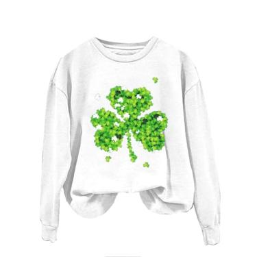Imagem de Camiseta feminina de manga comprida do Dia de São Patrício verde Lucky Irish Shamrock camiseta de férias para sair desfile 2024, Branco, XXG
