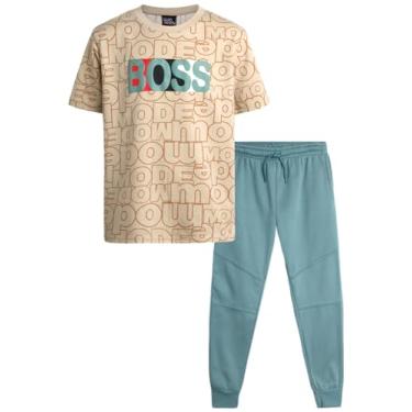 Imagem de Quad Seven Conjunto de calças para meninos – 2 peças, camiseta de manga curta e calça de moletom de lã com bolsos (8-18), Bronzeado/azul Boss, 12-14