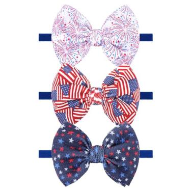 Imagem de Lanmerry Faixas de cabelo para bebês recém-nascidas, acessórios para meninas recém-nascidas, laços de torcida para bebês, vermelho, branco e azul, faixa de cabelo com bandeira americana