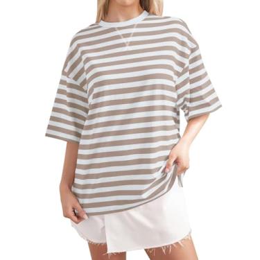 Imagem de Camiseta feminina listrada color block para praia plus size gola redonda básica casual verão, 011-marrom, GG