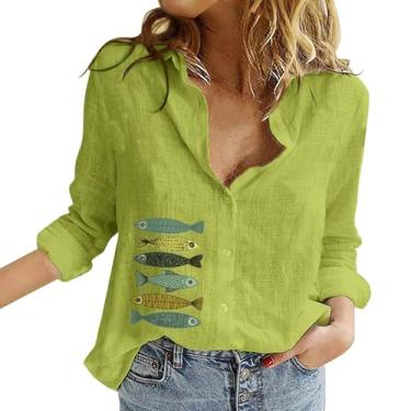Imagem de Camiseta feminina de linho, estampa de peixe, casual, solta, gola V, manga comprida, abotoada, túnica fofa e leve, Verde, 4G