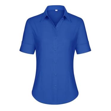 Imagem de siliteelon Camisa social feminina de manga curta com botões de algodão e botões para mulheres blusa slim fit manga 3/4, Azul royal, 3G