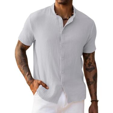 Imagem de URRU Camisa masculina de manga curta casual de algodão abotoada gola de faixa verão praia férias camisas, Cinza, XXG