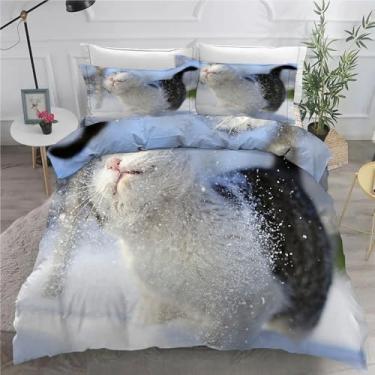 Imagem de Jogo de cama com 3 peças de capa de edredom com estampa de gato California King, de microfibra macia texturizada, 264 x 248 cm e 2 fronhas, com fecho de zíper e laços