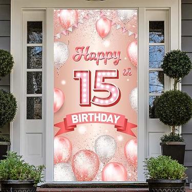 Imagem de Happy 15th Birthday Rose Gold Banner Pano de fundo Cheers to 15 Years Old Confetti Balloons Theme Decor for Girls 15 Years Old Pink Birthday Party Decorações Bday Supplies Background Favors Gift