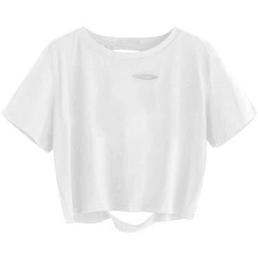 Imagem de SOFIA'S CHOICE Camiseta feminina casual de verão manga curta envelhecida rasgada cropped, Branco rasgado, P