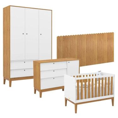 Imagem de Quarto de Bebê Unique 3 Portas com Cômoda Sapateira e Painel Farm Branco Soft Freijó Eco Wood - Matic