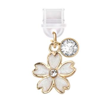 Imagem de ELISE & FONDA TP255 Tipo-C porta de carregamento USB plugue antipoeira minúsculo pingente de telefone celular flor de cerejeira para telefones Samsung/Huawei/OnePlus/Xiaomi/oppo Android (branco),