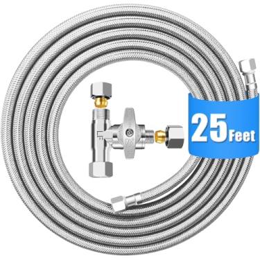 Imagem de Kit de linha de água de geladeira – Linha de água trançada de aço inoxidável premium de 25 pés com válvula de parada em T, tubo interno PEX de grau alimentício, linha de água para máquina de gelo com