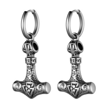 Imagem de Brincos viking nórdicos para homens - Aço inoxidável vintage lobo celta lua crescente viking valknut runas Thor Hammer Mjolnir crânio abraço argola brincos pendentes, Aço inoxidável, Sem Pedra