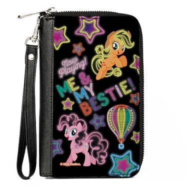 Imagem de Carteira Hasbro, zíper ao redor, My Little Pony Pinkie Pie e Applejack Me and My Bestie Neon, couro vegano, Preto, 7.5"x4.5", Casual
