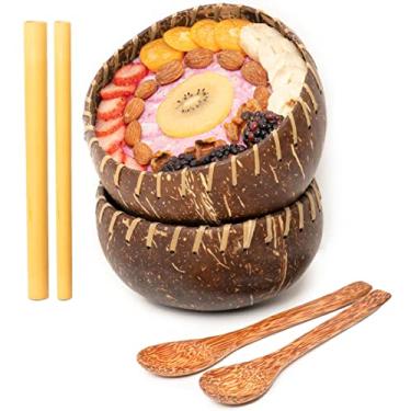 Imagem de Rainforest Bowls Conjunto de 2 tigelas de coco de fibra jumbo, 2 colheres de madeira e 2 canudos de bambu reutilizáveis - 100% natural, esculpido à mão por artesãos, ecologicamente corretos e