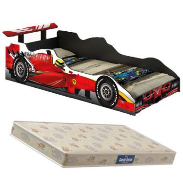 Imagem de Cama Carro Infantil Formula 1 Vermelho com Colchão Juvenil 100% MDF Qu