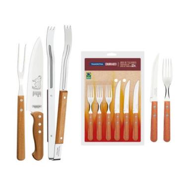 Imagem de Kit Churrasco com Garfo Trinchante Faca e Pegador + Jogo Talheres c/ C