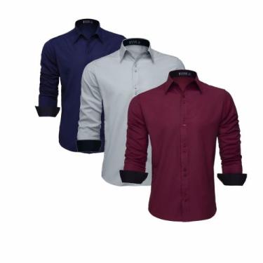 Imagem de Kit 3 Camisas Social Masculina Blusa Slim Manga Longa Lisa (Azul  Mari