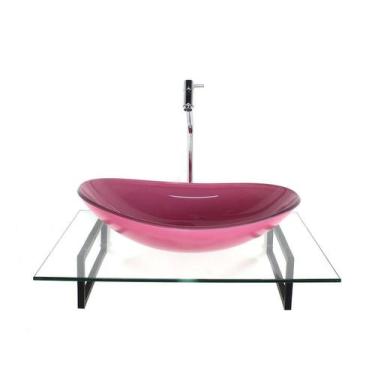 Imagem de Kit cuba de vidro oval rosa com tampo 60cm incolor e suporte torneira 