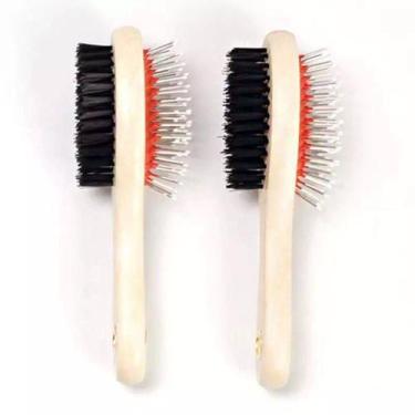 Imagem de Escova Pentear Dupla Face Cães Gatos Cabo Madeira + Escova Rastelo - P