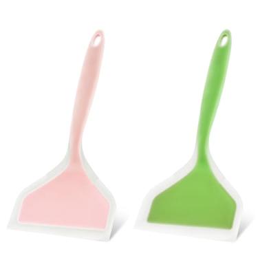 Imagem de 2 espátulas de silicone para panquecas, pá, espátula larga de silicone resistente ao calor, espátulas flexíveis com cabo curto, espátulas de cozinha para cozinhar ovos, pizza e bife