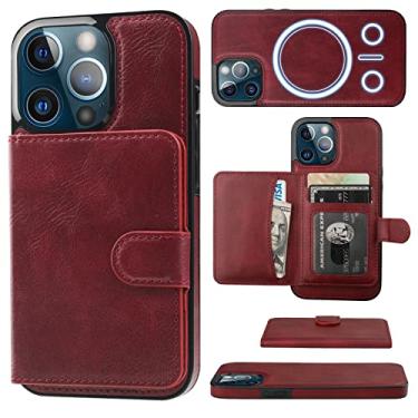 Imagem de Bocasal Capa carteira Magsafe para iPhone 13 Pro, carregamento sem fio, com suporte para cartão, pulseira de couro PU, capa flip removível para iPhone 13 Pro 6,1 polegadas (vermelho)