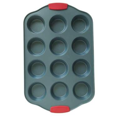 Imagem de Forma de Cupcakes 12 Divisórias Aço Carbono / Pegadores Silicone 41,2x