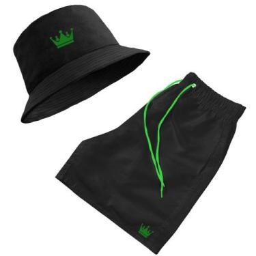 Imagem de Short Praia + Chapeu Bucket Hat Masculino Preto Com Cordao Verde - MP 