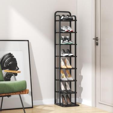 Imagem de ZERDER Sapateira vertical de 8 camadas, prateleiras de sapatos com 2 ganchos, organizador de madeira para entrada, torre para espaços pequenos, suporte livre (preto)