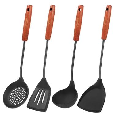 Imagem de FJNATINH Espátula de silicone para wok, espátula, concha, conjunto de escumadeira, utensílios de wok, utensílios de cozinha antiaderentes de aço inoxidável resistentes ao calor, utensílios de cozinha