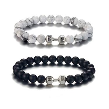 Imagem de SOFTONES Pulseiras de haltere com pingente preto para homens e mulheres com pedra natural com miçangas e halteres conjunto de pulseiras presentes, Pedra Níquel, Pedra vulcânica