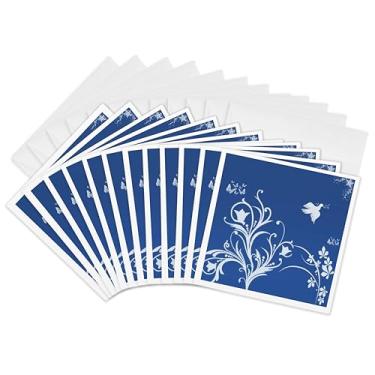 Imagem de Padrão floral 3dRose em branco em um fundo azul com pomba e borboletas. Cartões comemorativos, 15,24 x 15,24 cm, conjunto de 12 (gc_36119_2)