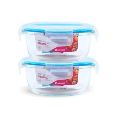 Imagem de Kit 2 Potes de Vidro Redondo com Tampa Hermética 400ml (Azul)