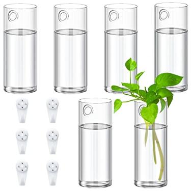 Imagem de 6 peças de vaso de parede de vidro para plantas internas de parede de vidro suporte de recipiente de propagação de plantas com 6 peças de ganchos invisíveis de plástico para plantas hidropônicas jardim suculentas decoração de casamento