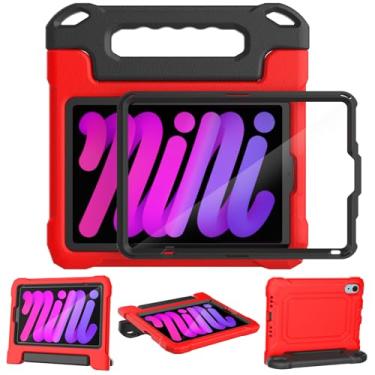 Imagem de YIHE Capa infantil para iPad mini 7 (A17 Pro) 2024 e iPad mini 6 (A15) 2021, capas à prova de choque para iPad mini 7ª/6ª geração com protetor de tela integrado e suporte, vermelho e preto