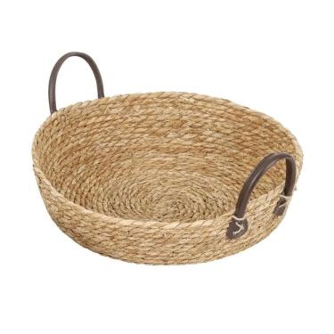 Imagem de Bandeja Natural Seagrass Redonda com Alça de Couro - G 35x35x8cm