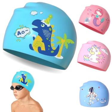Imagem de Touca de Natação Infantil em Silicone, Impermeável, Desenhos Divertidos, Rosa e Azul (Azul Dinossauro)