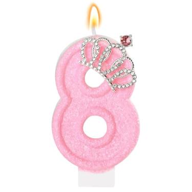 Imagem de Vela de aniversário rosa coroa número 8 velas para bolo, enfeite de bolo de aniversário rosa, decorações de cupcake, decoração de festa para meninas e mulheres, comemorações de aniversário,