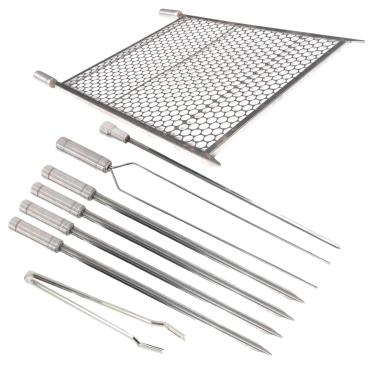 Imagem de Kit Grelha em Aço Inoxidável 50x60 com 6 Espetos e Pegador para Carnes - Conjunto Completo para Churrasco, Proporcionando Praticidade e Qualidade no Preparo de Deliciosas Refeições.
