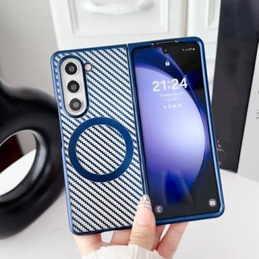 Imagem de Capa magnética transparente galvanizada para Samsung Galaxy Z Fold 6 5 4 3 Fold6 Fold5 Fold4 Fold3 Capa traseira de fibra de carbono, azul, para Galaxy Z Fold3