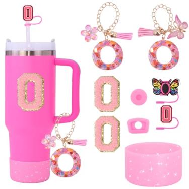 Imagem de Liangang Conjunto de acessórios de copo Stanley rosa com 9 peças, compatível com copos de 850 g e 1134 g, inclui capa de palha, bota, tampa à prova de derramamento, 2 peças de berloque e adesivos