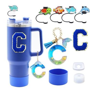 Imagem de Liangang Conjunto de acessórios de copo Stanley azul oceano, 9 peças, incluindo bota, tampa à prova de derramamento, 4 peças de capa de canudo de animais, pingente de alça de iniciais e carta adesiva