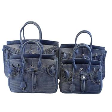 Imagem de Bolsa feminina tipo carteira jeans grande capacidade bolsa axila para viagens na praia, compras diárias, bolsa de ombro, Azul, X-Large