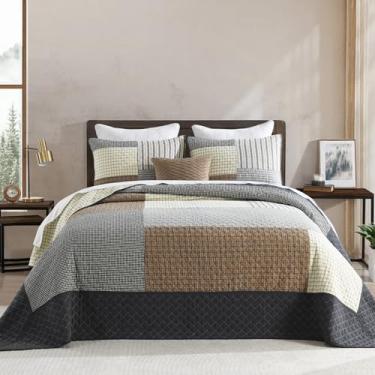 Imagem de Finlonte Colcha King extragrande 304,8 cm x 304,8 cm - 100% algodão, leve, acolchoada, colcha de retalhos, colcha King xadrez grande com 2 fronhas, marrom/cinza/bege