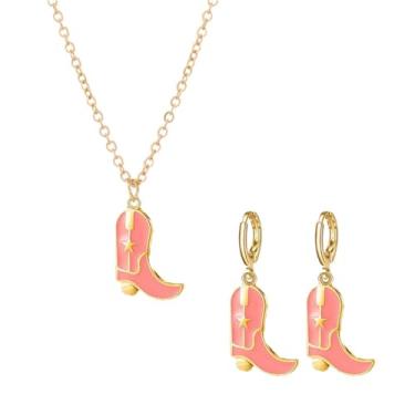 Imagem de Dreuyet Conjunto de brincos e colar de botas de vaqueira para mulheres e meninas delicados moda ocidental botas de cowboy colar de corrente banhado a ouro 14K chapéu de cowboy colar pingente colar estilo ocidental joias presente, Metal, Sem Pedra Preciosa