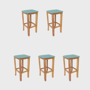 Imagem de Kit 05 Banqueta Alta Cally Gourmet Balcão Bistrô Cozinha Base Madeira Maciça Suede Azul Turquesa - Ahz Móveis