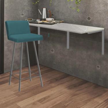 Imagem de Kit Mesa Suspensa de Parede Fixa mdf Marmorizado + 1 Banqueta Lexi Ferro Cinza Suede Azul Turquesa - Ahazzo Móveis