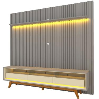 Imagem de Painel Gelius Nobre com ripas autênticas e Rack requinte com LED 100% mdf largura 230 cm para TV de 85 polegadas Cinza/OFF White