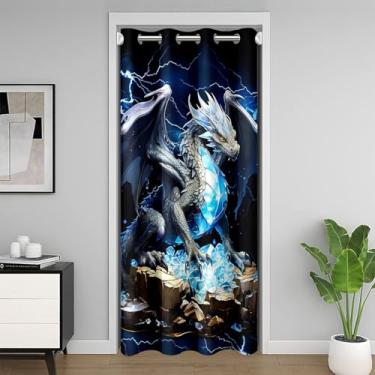 Imagem de Cortina de porta de dragão ocidental 3D para meninos e meninas, cortina de entrada relâmpago trovão 152 cm L x 203 cm C azul brilhante diamante blackout cortina dragão animal tapeçaria para corredor