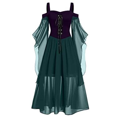 Imagem de FRMUIC Fantasia feminina para Halloween, vestido medieval, verde, fantasia de bruxa, vestido camponês, elfo, adulto, feminino, vestido renascentista, vestido branco (verde militar, 2GG)