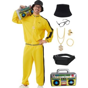 Imagem de Deaboat Fato de treino dos anos 80 para homens, fantasia de Halloween, retrô, corta-vento dos anos 90, roupa esportiva, 9 peças, Amarelo, G